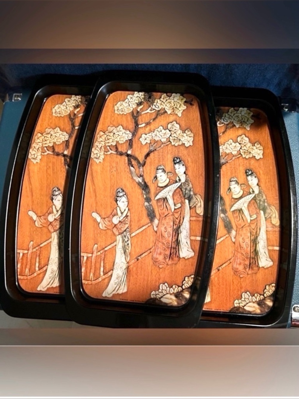 Elite Vintage Japanese Motif Serving Tray Set Lacquer Mid Century Set of 6